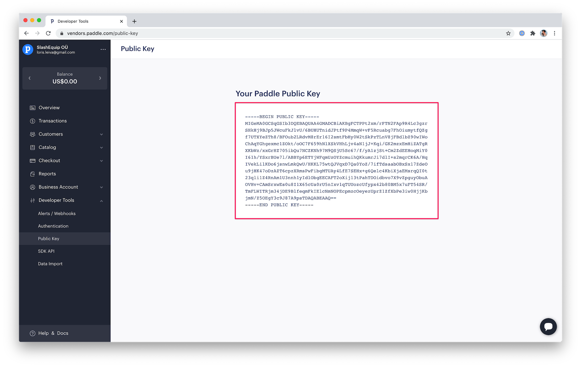Paddle screenshot of the "Public Key" page.